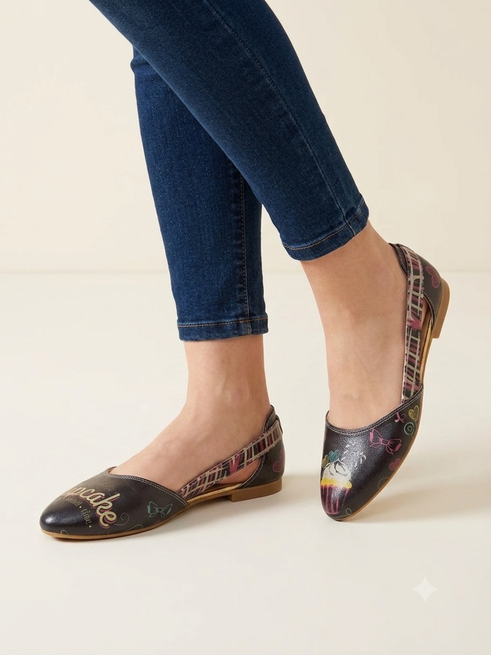 Black Printed Goby Flats with Colorful Graphic Accents